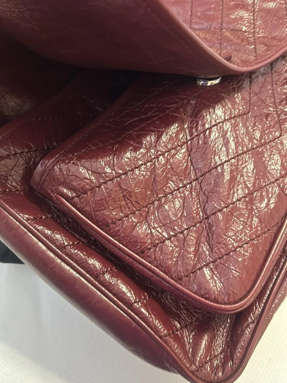Yves Saint Laurent Quilted Burgundy Leather Shoulder Bag with Silver Chain